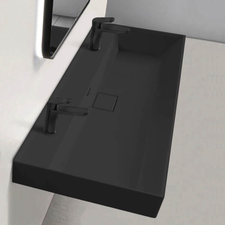 Bathroom Sink, CeraStyle 037607-U-97-Two Hole, Trough Matte Black Ceramic Wall Mounted or Drop In Sink
